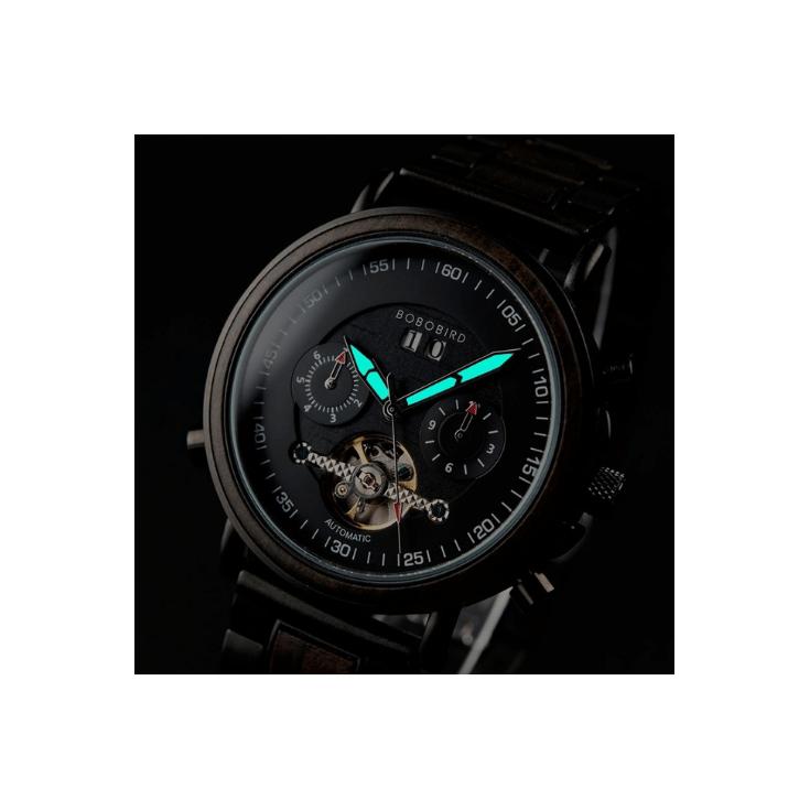 Bobo Bird Black puinen miesten automaattikello, jossa pimeässä hohtavat viisarit. NoinWebstore.com