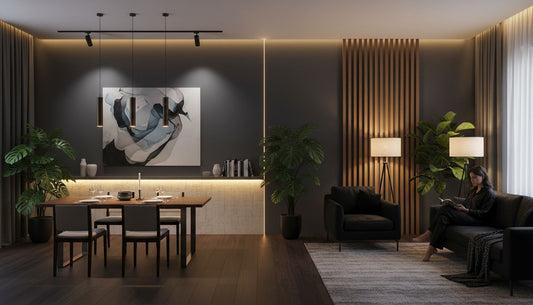 Modern living room with layered lighting and matte walls