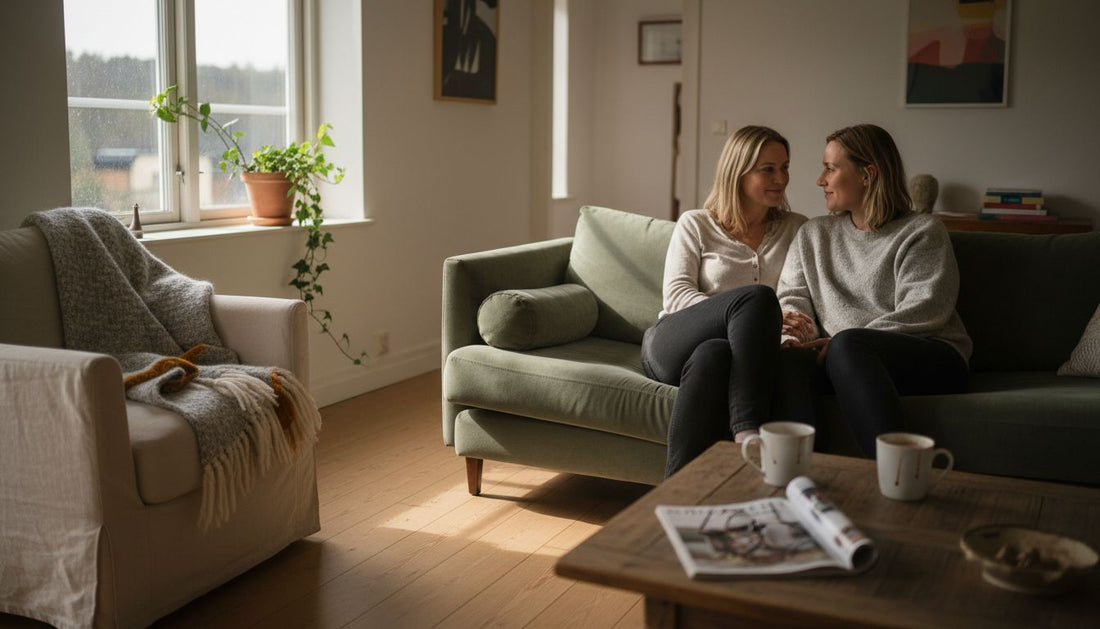Nordic living room with couple morning light
