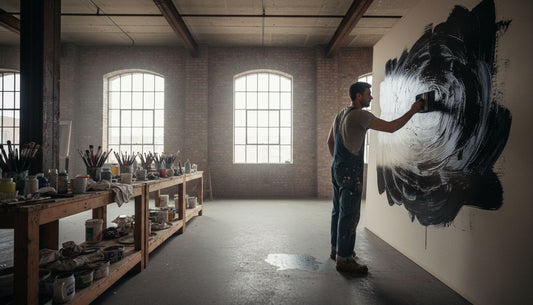 Artist paints canvas with ultrablack in studio
