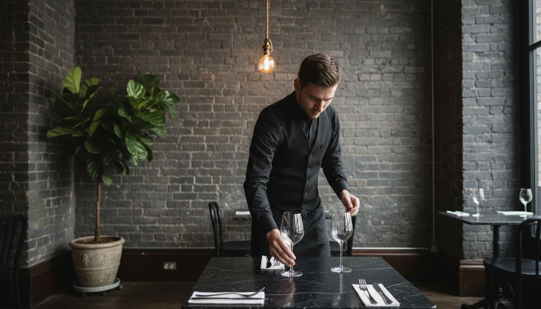 Waiter sets table in dark restaurant interior