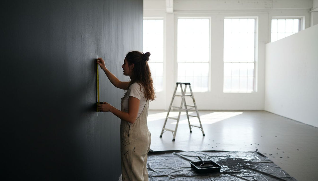 Designer inspecting deep black gallery wall