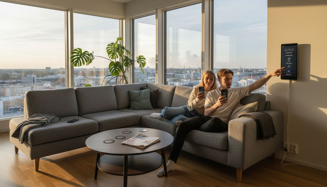 Pariskunta säätää älyvalaistusta modernissa olohuoneessa.