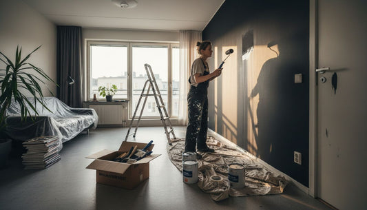 Sisustussuunnittelija maalaa asunnon seinään tyylikkään mustan tehosteseinän.