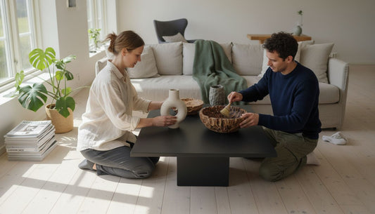 Skandinaavistyylinen olohuone, jossa persoonalliset käsityönä tehdyt sisustusesineet tuovat tilaan uniikkia ilmettä.