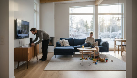 Perhe viettää aikaa olohuoneessa älylaitteiden parissa