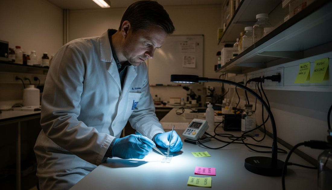 Tutkija säätää LED-valoa laboratoriossa