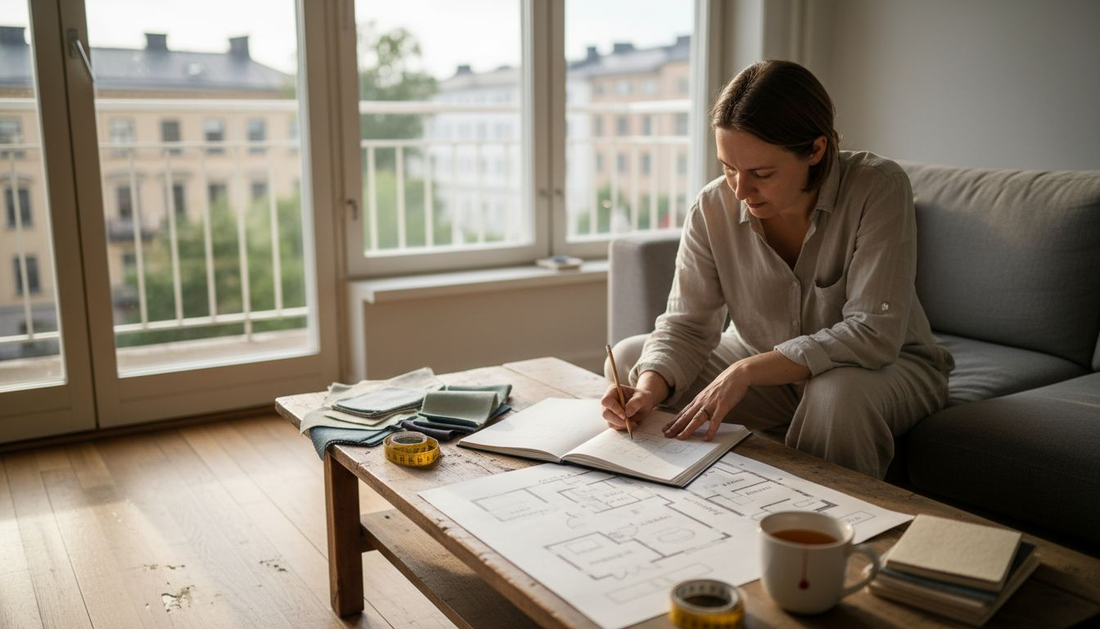 Nainen suunnittelee kotinsa sisustusta