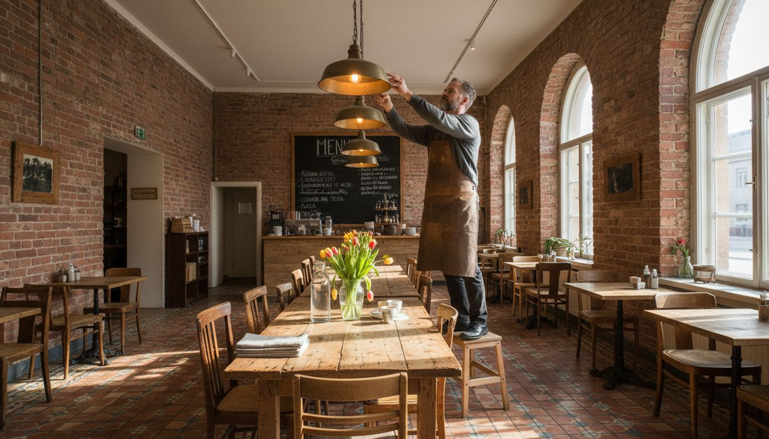 Ravintoloitsija säätää kattovalaisimia salin tunnelmaa varten.