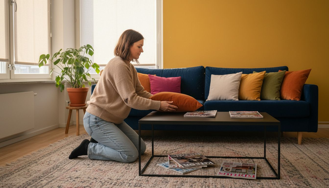 Nainen somistaa olohuonettaan asettelemalla värikkäitä tyynyjä paikoilleen.