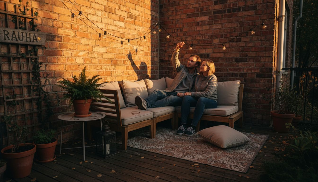 Pariskunta ripustamassa valoja tunnelmalliselle terassilleen