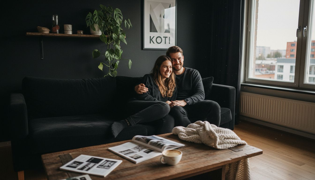 Pariskunta istuu mustalla sohvalla modernin asunnon tumman seinän edessä.