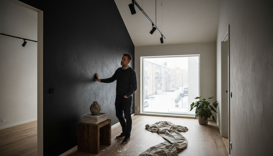 Sisustussuunnittelija arvioi, miten syvänmusta tehosteseinä vaikuttaa huoneen tunnelmaan.