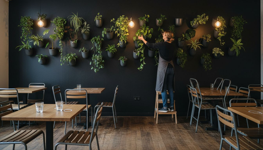 Henkilö sommittelee viherkasveja mattamustan tehosteseinän edustalla.