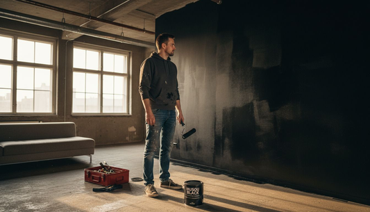 Sisustussuunnittelija maalaa loft-asuntoa Musou Black -maalilla, joka tunnetaan äärimmäisestä mustuudestaan.
