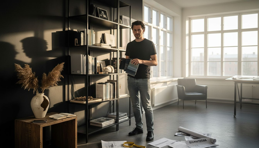 Sisustussuunnittelija studiossa, jossa on mustia yksityiskohtia