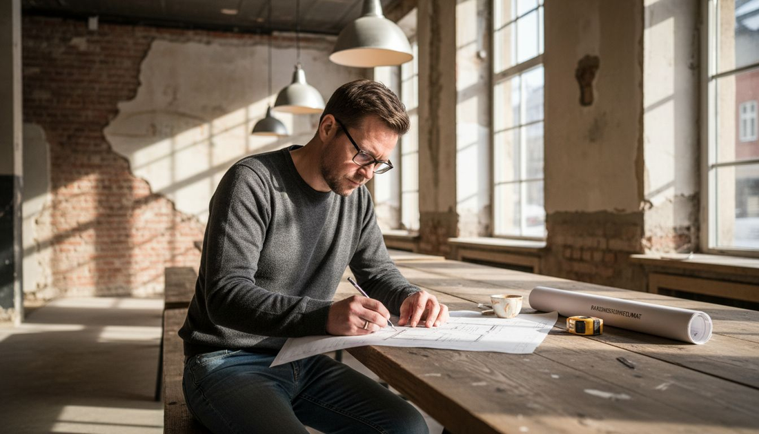 Arkkitehti luonnostelee ravintolan sisustusta yhteisen pöydän ääressä.