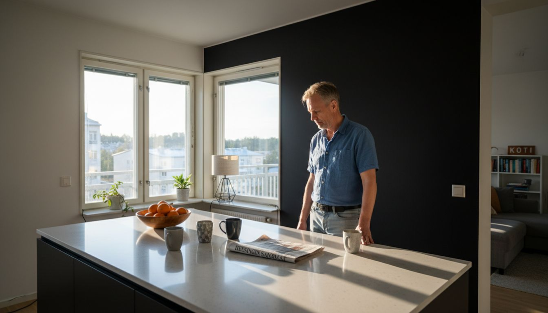 Henkilö tarkastelee lamppua keittiössä, jossa valaistus luo vahvoja varjoja.