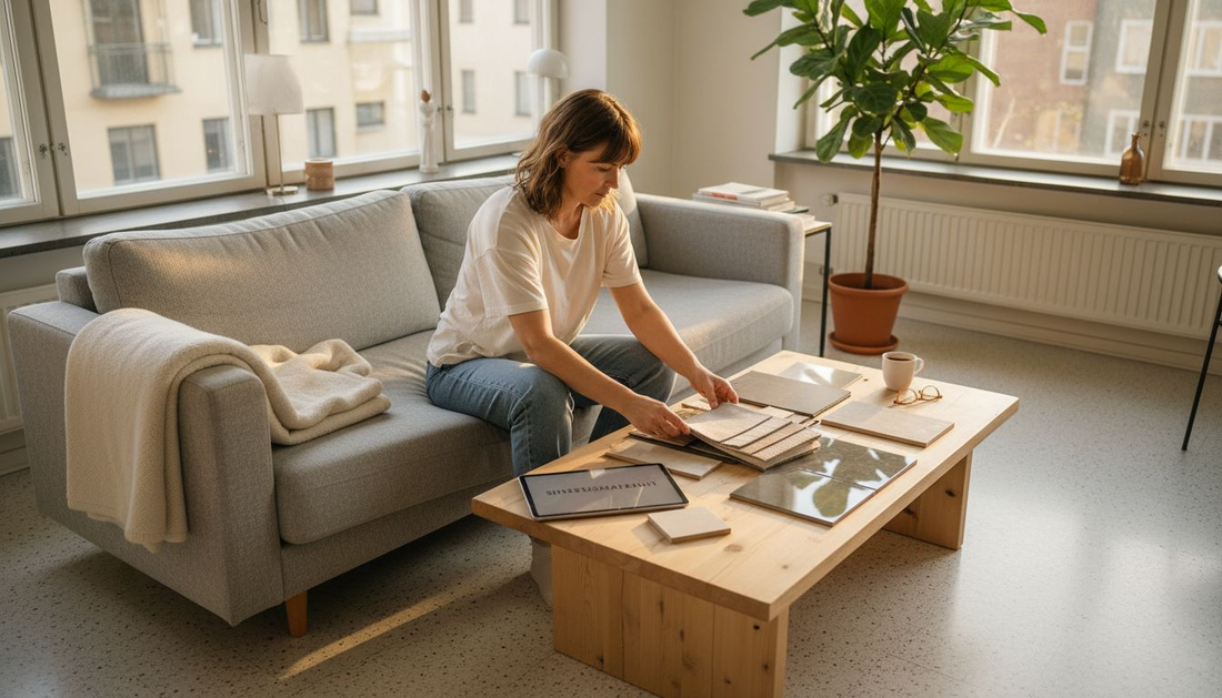 Nainen tutkii materiaalinäytteitä kerrostaloasunnossaan kaupungissa.