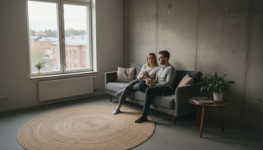 Pariskunta viihtyy olohuoneessa, jossa erilaiset materiaalit ja pinnat tuovat tilaan elävyyttä.