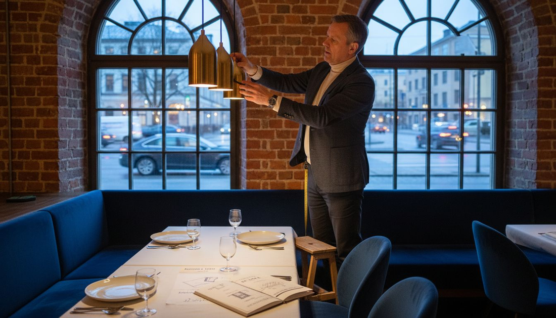 Suunnittelija hioo ravintolan valaistusta entistä toimivammaksi.