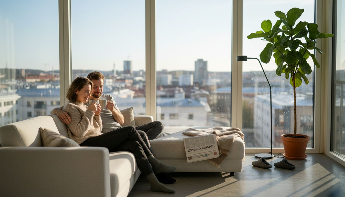 Kaupungin keskustan moderni olohuone, jossa nuoripari viettää aikaa yhdessä minimalistisessa sisustuksessa.