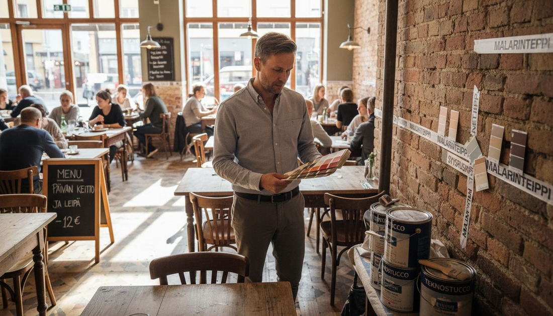 Suunnittelija käy läpi ravintolan värivaihtoehtoja ja arvioi, mitkä sävyt sopisivat tilaan parhaiten.