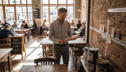 Suunnittelija käy läpi ravintolan värivaihtoehtoja ja arvioi, mitkä sävyt sopisivat tilaan parhaiten.