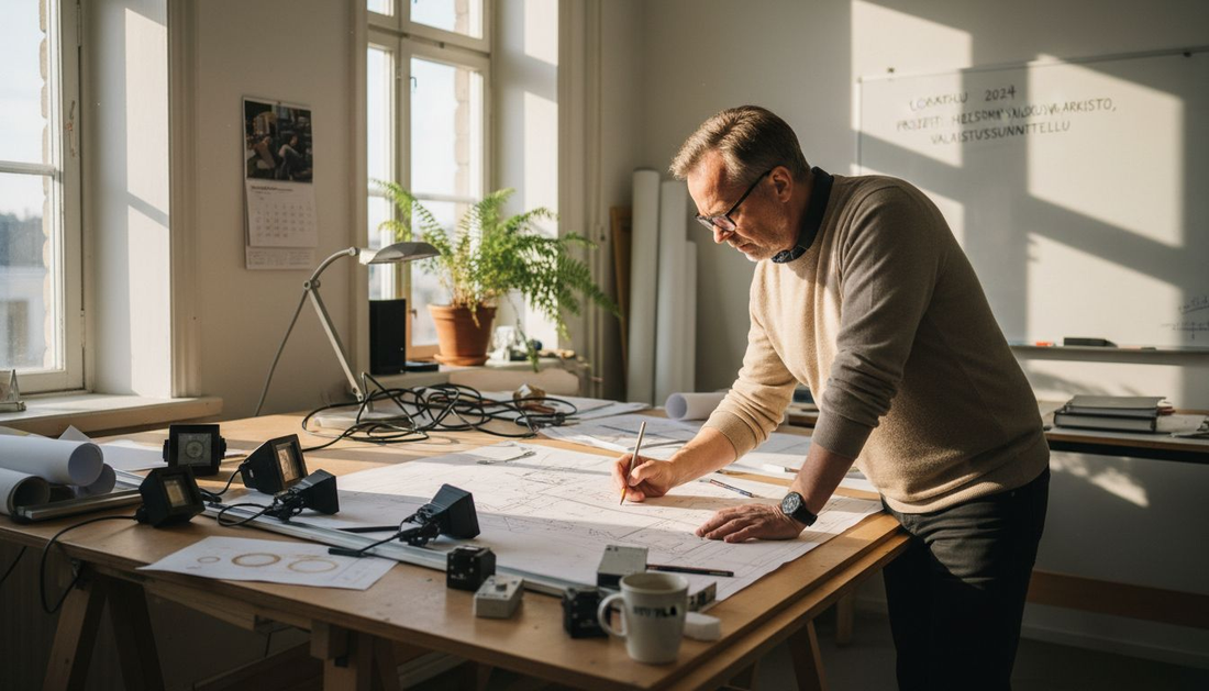 Valosuunnittelija suunnittelee studion valaistusratkaisuja.