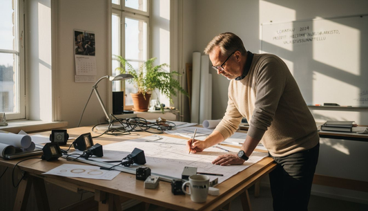Valosuunnittelija suunnittelee studion valaistusratkaisuja.