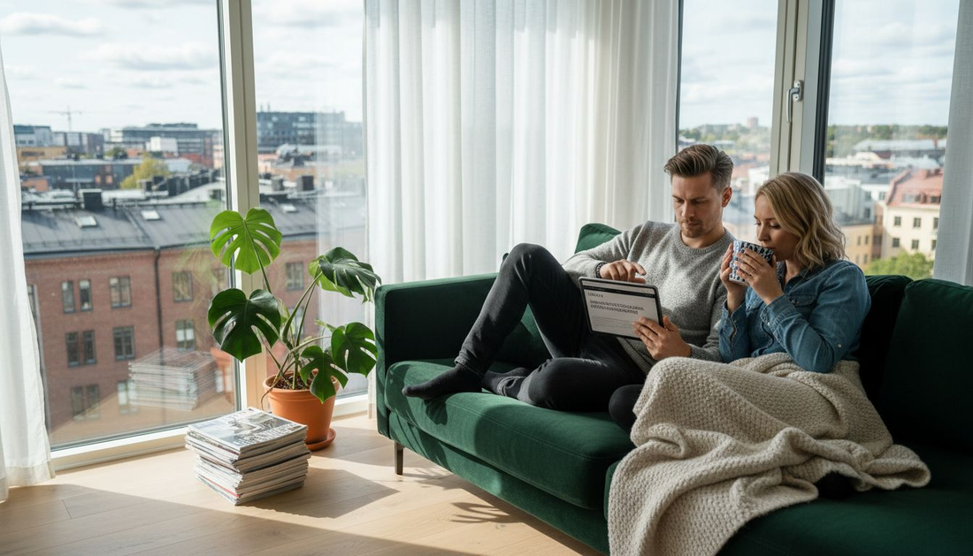 Kaupungin kerrostaloasunnon olohuoneessa istuu pariskunta nauttimassa teetä yhdessä.