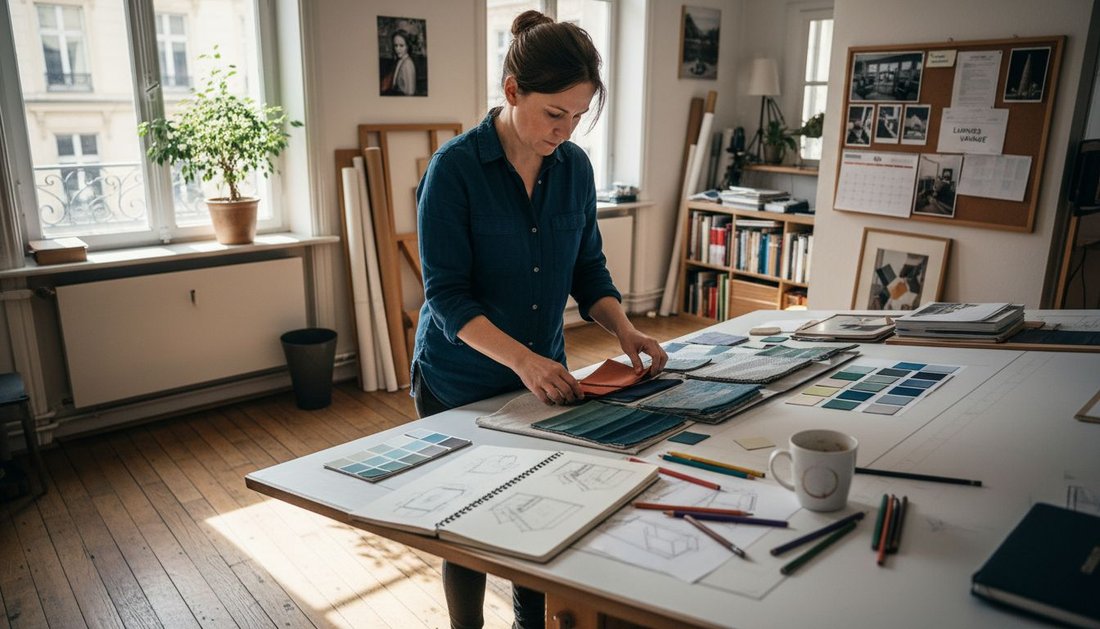 Sisustussuunnittelija järjestelee materiaaleja valoisassa työhuoneessaan.