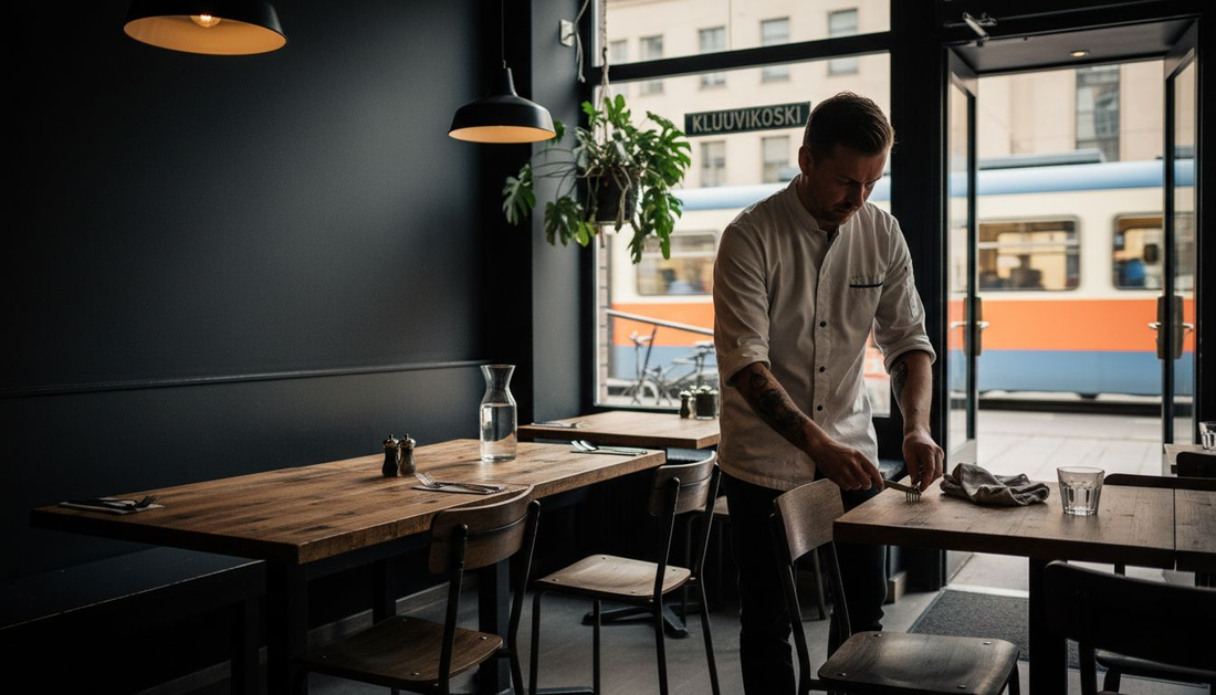 Ravintolapäällikkö huolehtii pöytien kattauksista ja varmistaa, että kaikki on viimeistelty asiakkaiden saapumista varten.