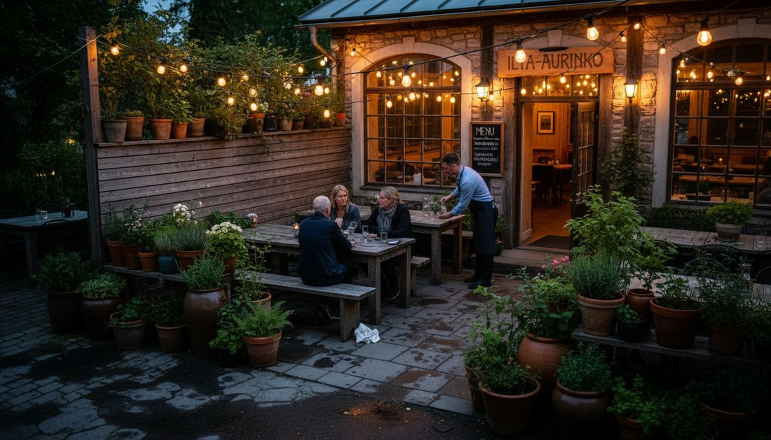 Tunnelmallisesti valaistu terassi, jossa voi nauttia illasta hyvän ruoan ja seuran parissa.