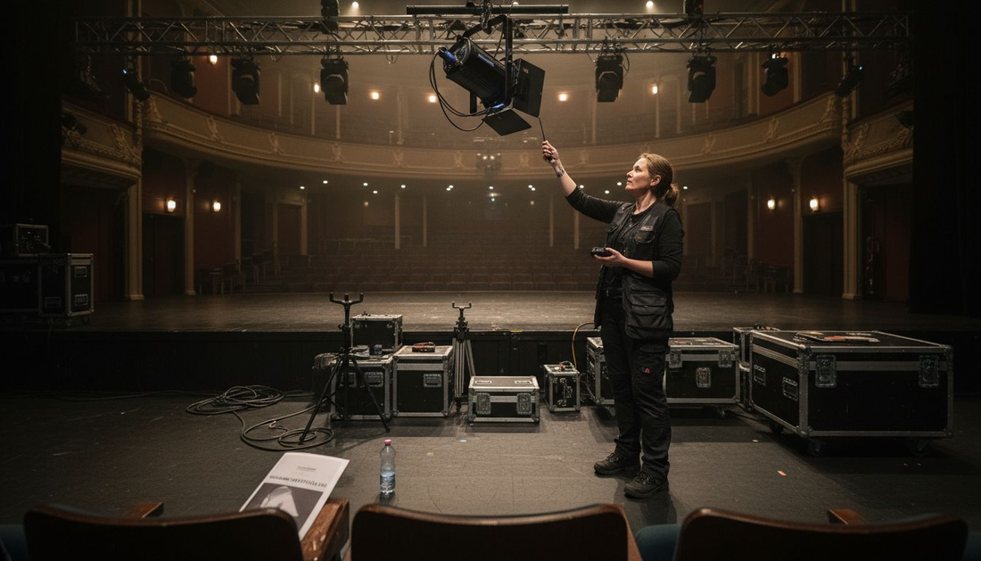 Valosuunnittelija säätää spottivaloa tyhjällä näyttämöllä.