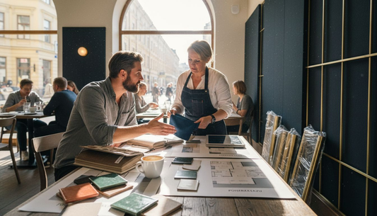 Sisustussuunnittelija hahmottelee ravintolaan näyttävää ja taiteellista ilmettä.