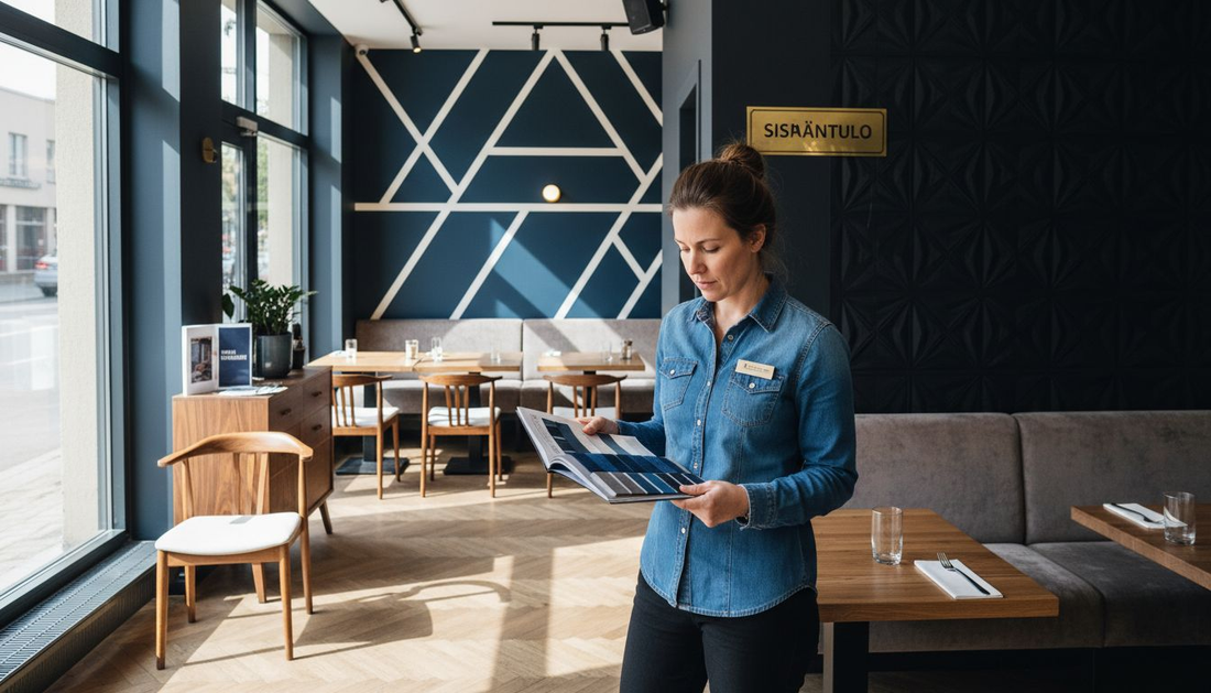 Ravintolapäällikkö tutkii kankaanäytteitä tyylikkäässä sisustuksessa