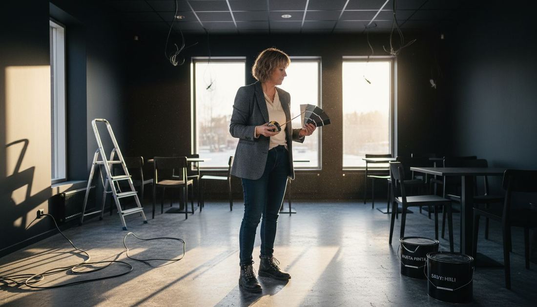 Suunnittelija työskentelee tunnelmallisessa, tummasävyisessä ravintolassa.