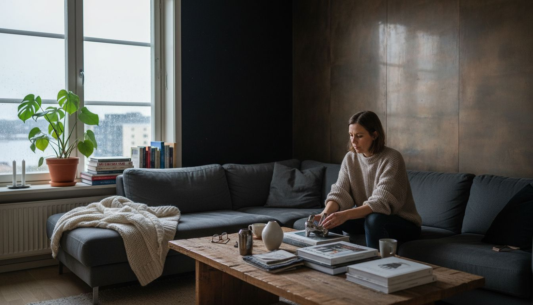 Nainen somistaa modernia olohuonetta ja asettelee sisustusesineitä paikoilleen.