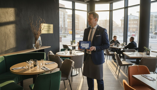 Ravintolapäällikkö tutustuu ravintolan uudistettuun sisustukseen ja arvioi lopputulosta.