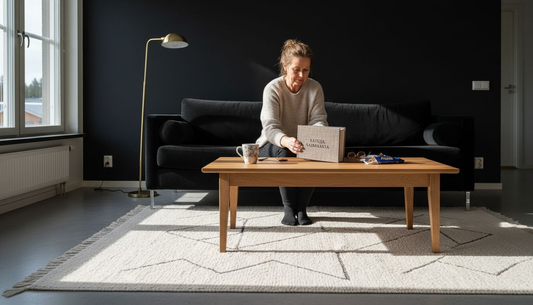 Nainen istuu hämärässä olohuoneessa, jossa valot ja varjot muodostavat voimakkaan kontrastin.