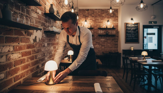 Tarjoilija säätää pöytävalaisinta tunnelmallisesti valaistussa ravintolassa.