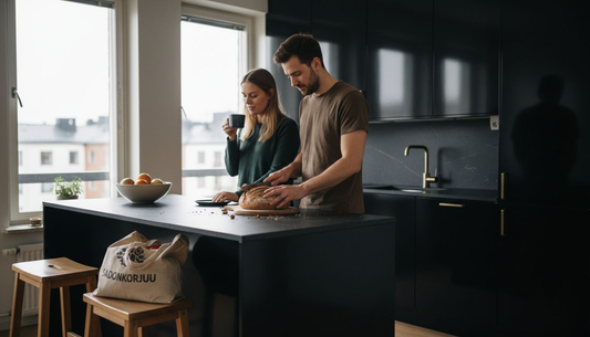 Pariskunta viihtyy tyylikkäässä, mustassa keittiössä, jossa on näyttävät messinkiyksityiskohdat.