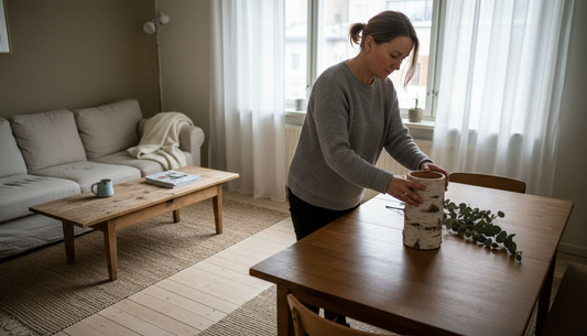 Helsinkiläisen asunnon olohuoneessa nainen somistaa koivunoksista tehtyä maljakkoa.