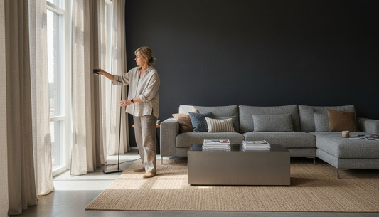 Sisustussuunnittelija säätää lattiavalaisinta tilassa, jossa korostuvat vahvat kontrastit.