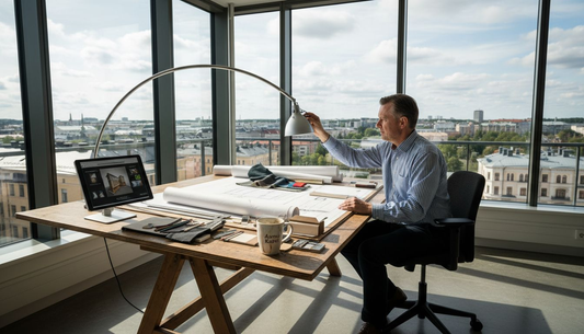Arkkitehti suunnittelee valaistusta piirrosten ja tabletin avulla.