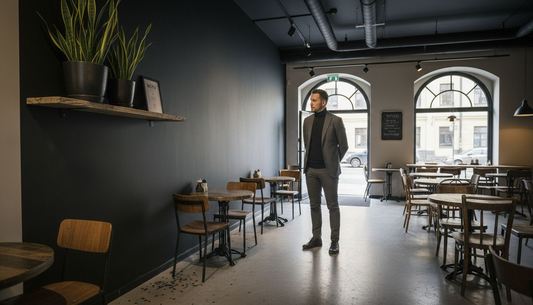 Sisustussuunnittelija tarkastelee ravintolan mattamustaa seinäpintaa.