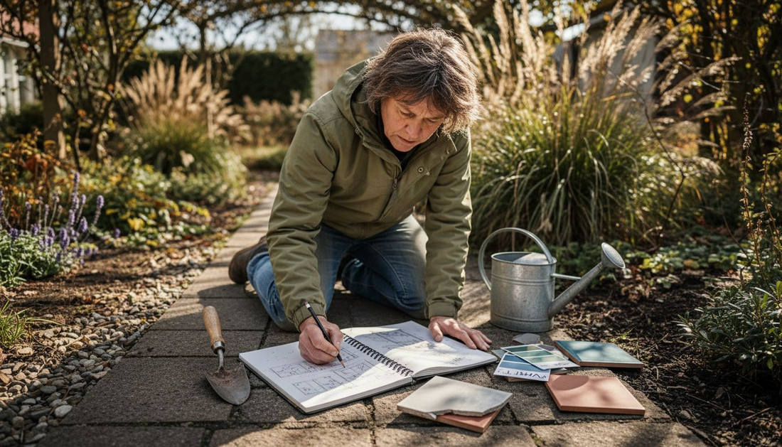 Pihasuunnittelija hahmottelee uuden puutarhan luonnoksia ulkona, ympäröivän luonnon inspiroimana.
