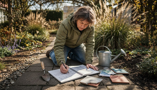 Pihasuunnittelija hahmottelee uuden puutarhan luonnoksia ulkona, ympäröivän luonnon inspiroimana.