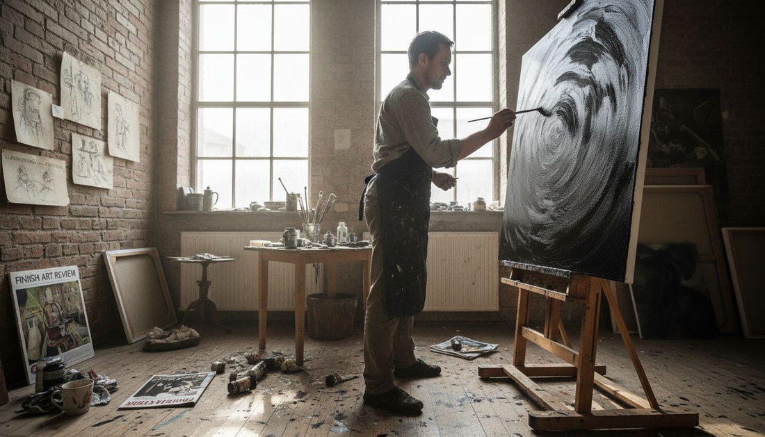 Taiteilija maalaa kankaalle syvänmustalla maalilla.